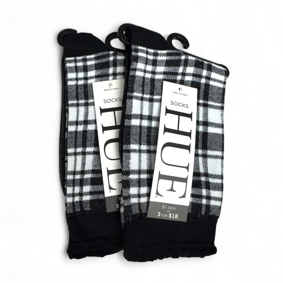 HUE Black White Plaid Femme Top Socks One Size Low Cut New 2 Pairs - Picture 1 of 6